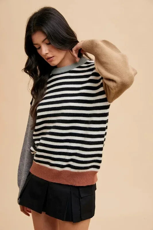 Annie Wear Striped Color Block Round Neck Sweater - DAVERRI FASHIONS