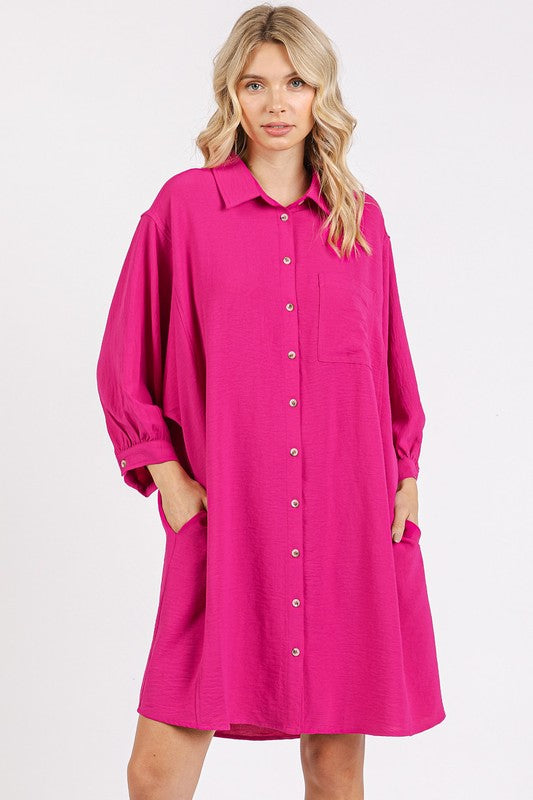 Mittoshop Airflow 3/4 Sleeve Buttoned Shirt Mini Dress Hot Pink Mini Dresses