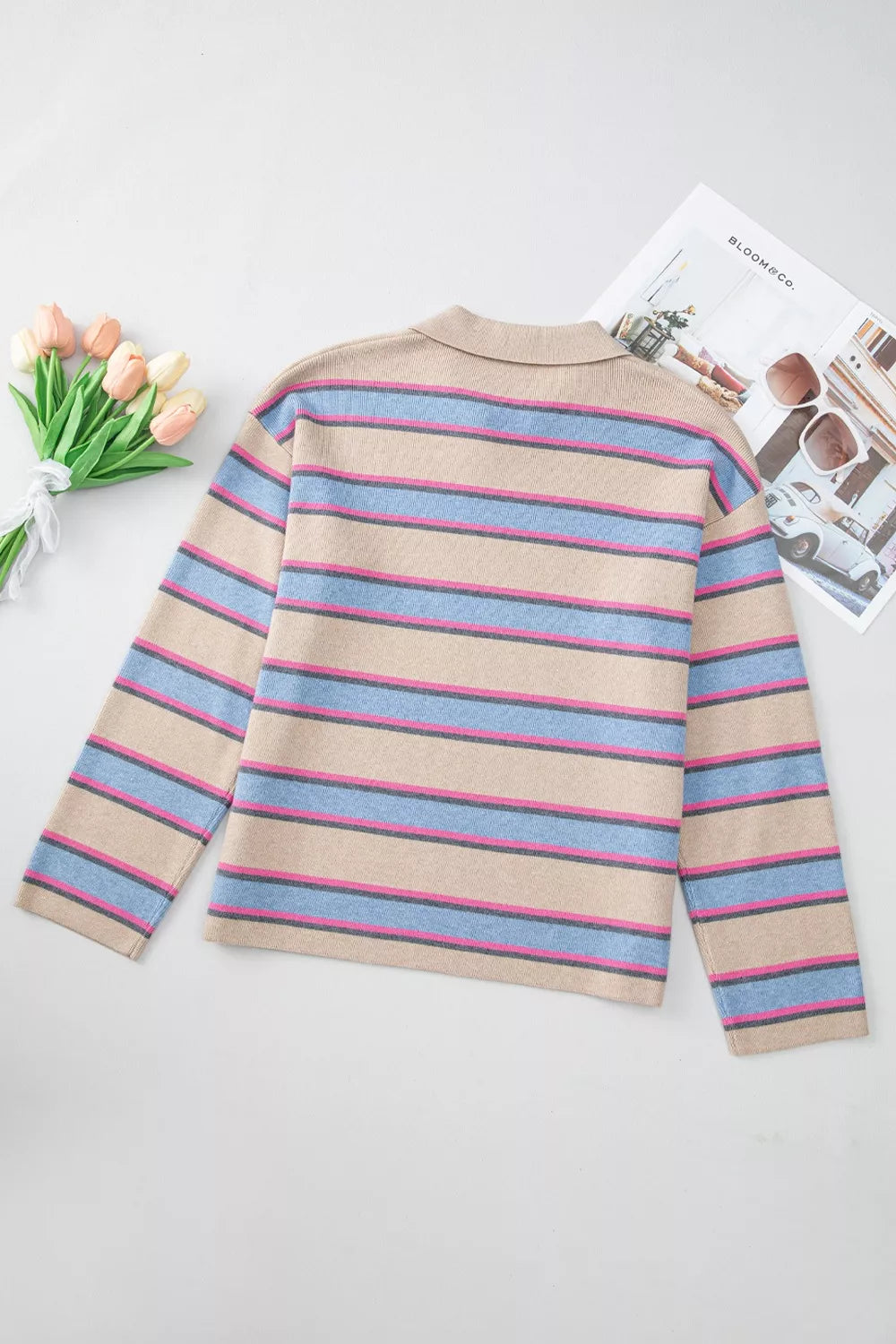 Striped Color Block Johnny Collar Sweater in Pastel Colors