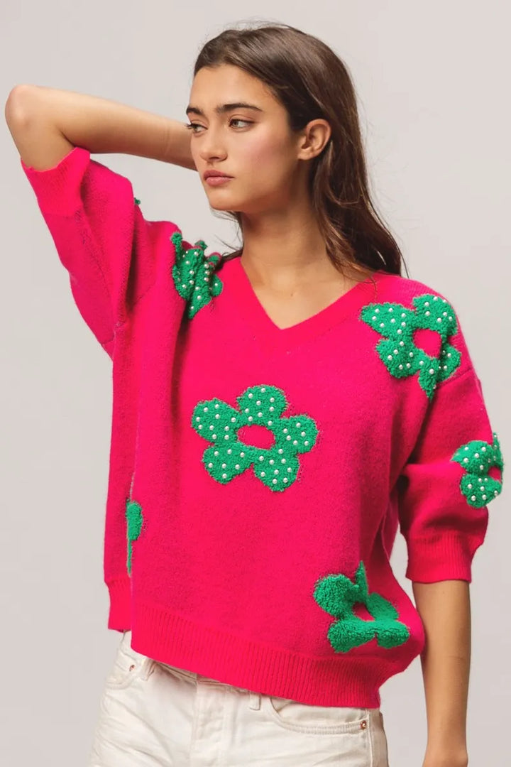 BiBi Pearl Beads Flowers Sweater Top Sweaters