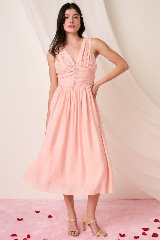 Mittoshop Ruched V-Neck Sleeveless Midi Dress