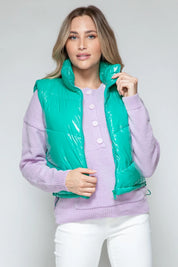 Green Snobbish Zip Up Turtleneck Shiny Quilted Vest | Vest Jackets Daverri Fashions
