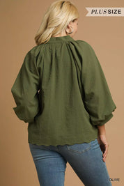 Umgee Full Size Textured Notched Balloon Sleeve Blouse Plus Size | Blouses Daverri Fashions