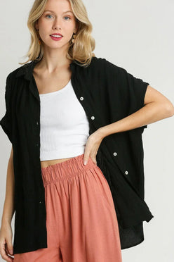 Umgee Full Size Textured Button Down Short Sleeve Shirt - DAVERRI FASHIONS