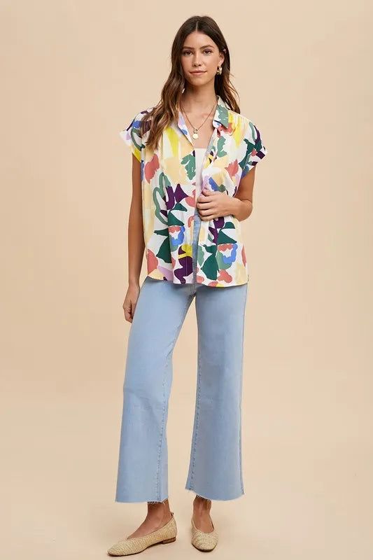 Annie Wear Multi Color Button Down Pleated Shoulder Top