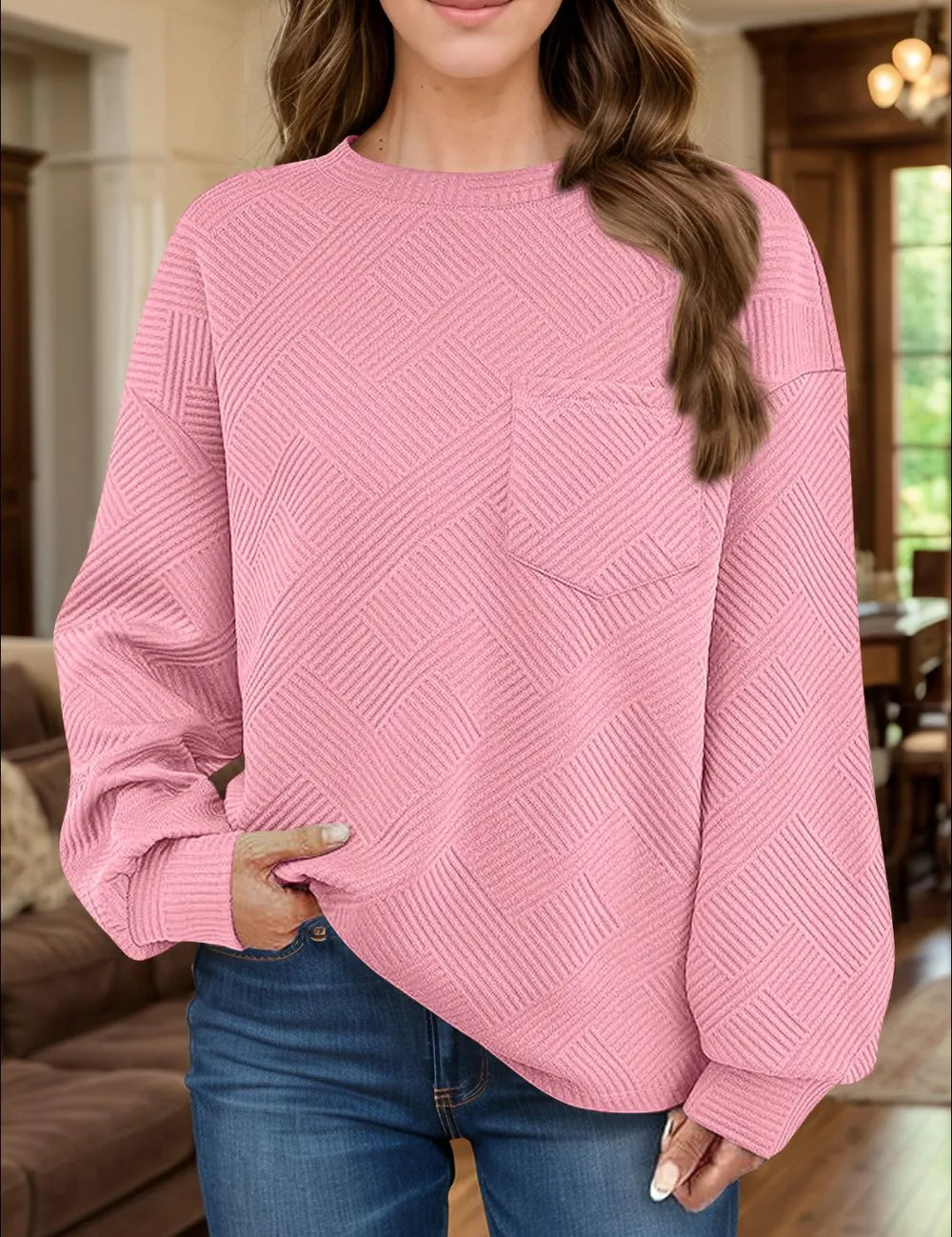 Full Size Texture Round Neck Long Sleeve Sweatshirt | Sweatshirts Daverri Fashions