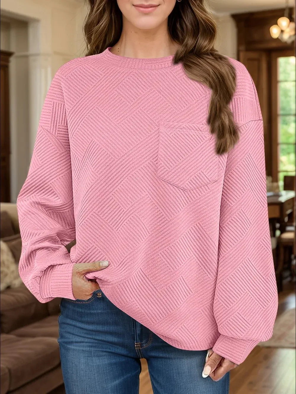 Full Size Texture Round Neck Long Sleeve Sweatshirt - DAVERRI FASHIONS