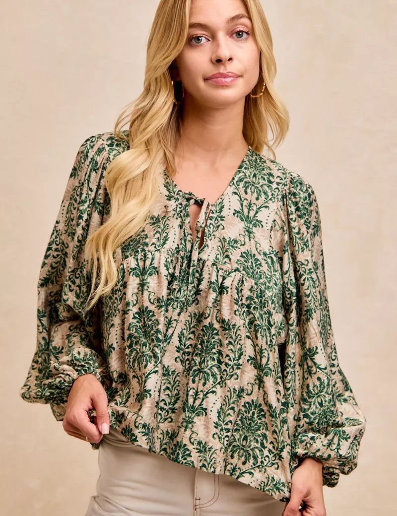 TAN OLIVE BiBi Printed Woven Front Tied Blouse with Baloon Sleeve | Blouses Daverri Fashions