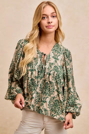 TAN OLIVE BiBi Printed Woven Front Tied Blouse with Baloon Sleeve | Blouses Daverri Fashions
