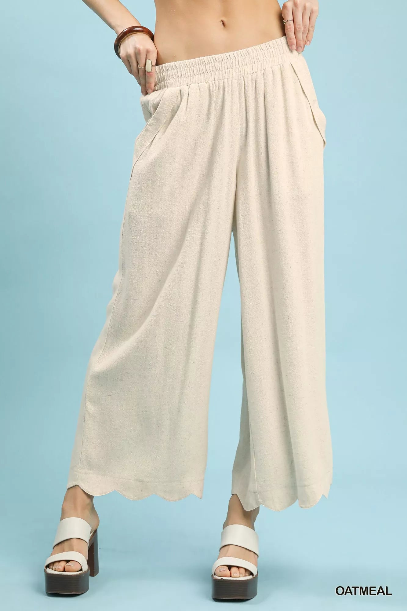 OATMEAL Umgee Linen Blend Scallop Hem Wide Leg Pants | Pants Daverri Fashions