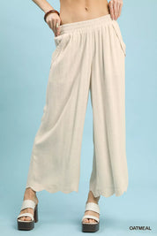 OATMEAL Umgee Linen Blend Scallop Hem Wide Leg Pants | Pants Daverri Fashions