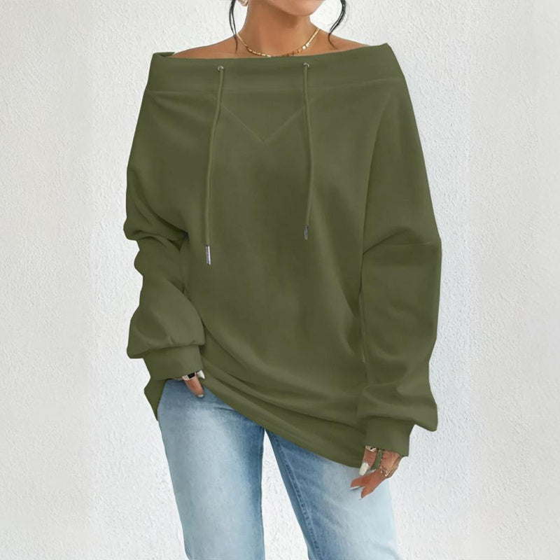 Army Green Boatneck Off-Shoulder Long Sleeve Top Plus Size | Tops Daverri Fashions