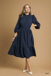 Umgee Textured Midi Dress with Ruffle Shoulder Detail | Daverri Fashions