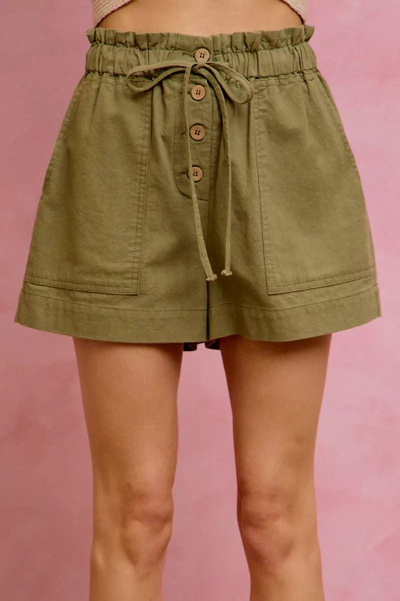 SO ME olive green paper bag twill shorts with drawstring waist