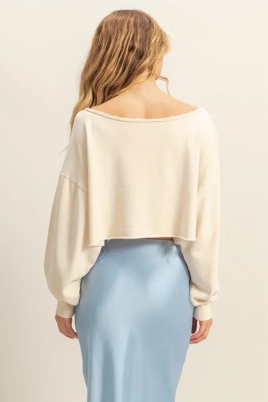 HYFVE Frayed Detail Boat Neck Long Sleeve Crop Top Tops