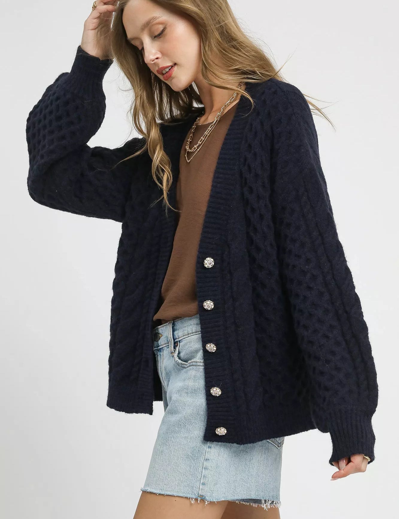 Umgee Cable Knit Pearl Button Cardigan | Cardigans Daverri Fashions