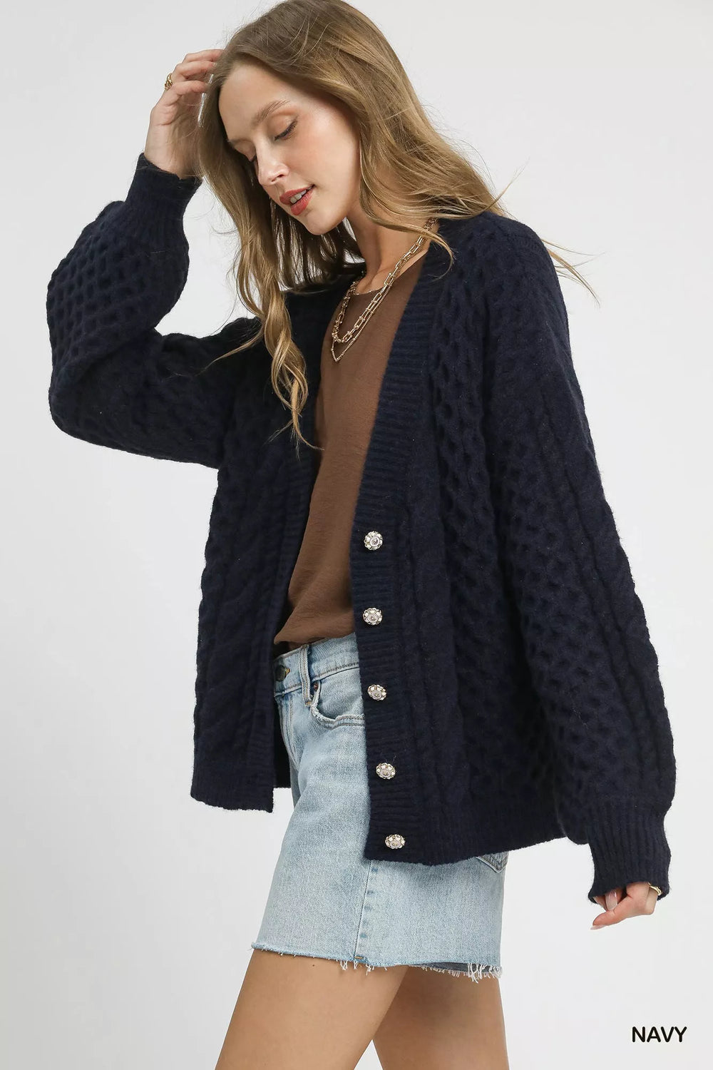 Umgee Cable Knit Pearl Button Cardigan | Cardigans Daverri Fashions