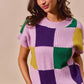 SO ME Mardi Gras plaid sweater top in vibrant patchwork knit