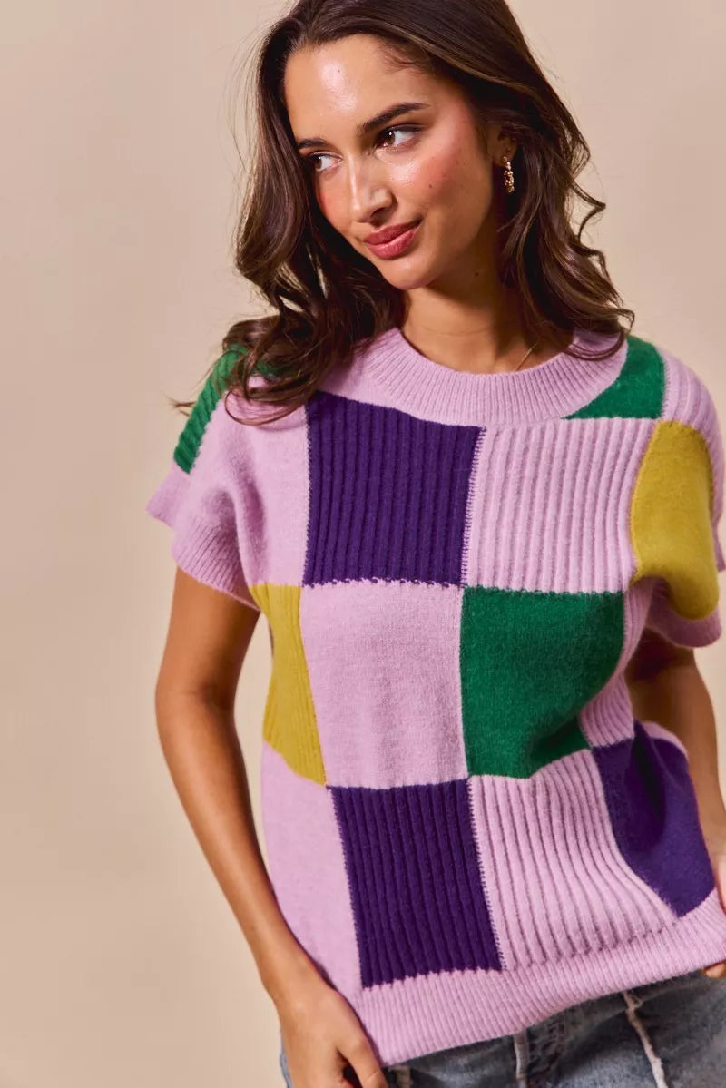 SO ME Mardi Gras plaid sweater top in vibrant patchwork knit