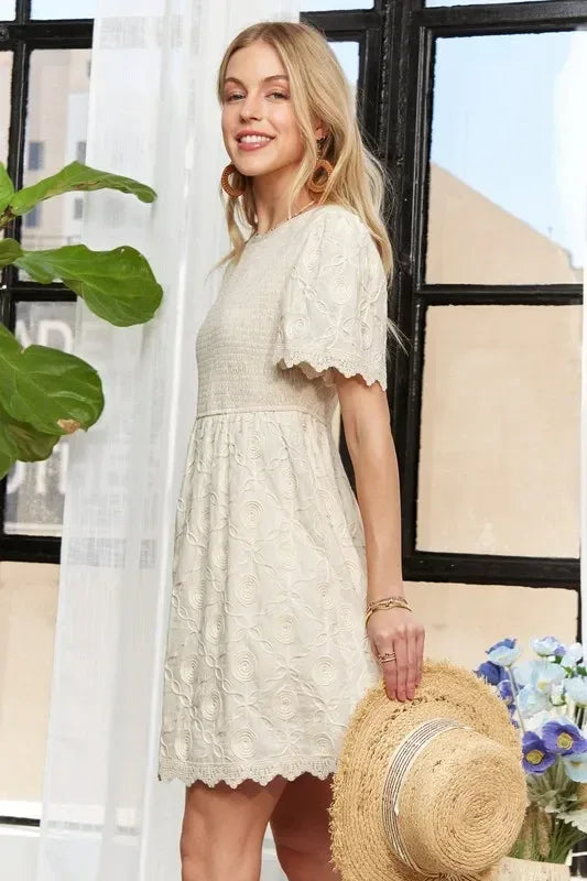 ADORA Rround Neck Crinkle Babydoll Dress - DAVERRI FASHIONS