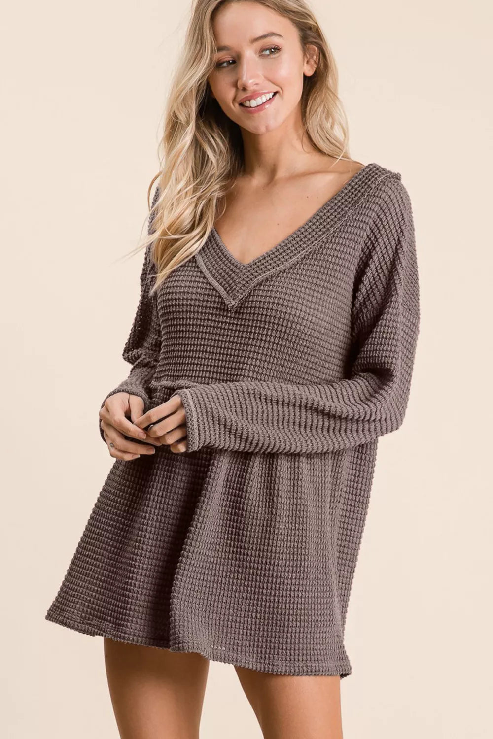 BiBi Waffle Knit V-Neck Babydoll Blouse | Daverri Fashions