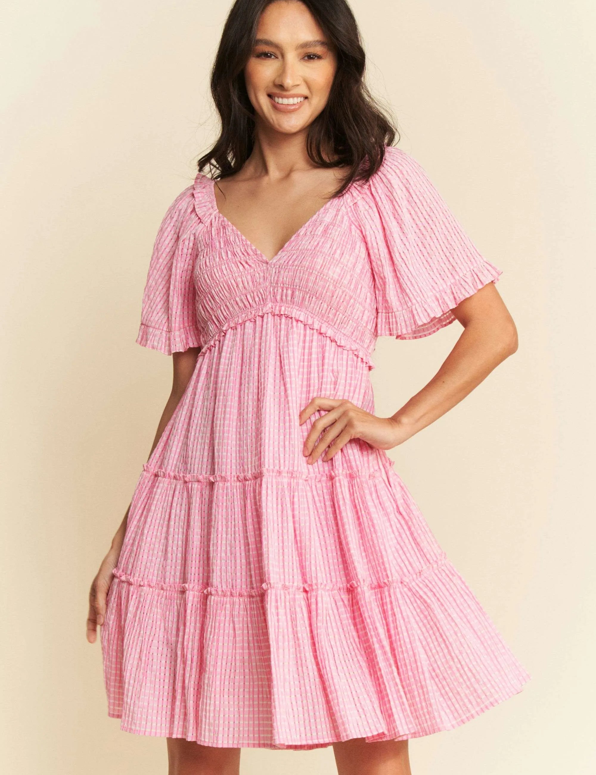 BARBIE PINK Davi & Dani Jacquard Checker Smocking Tiered Dress | Mini Dresses Daverri Fashions