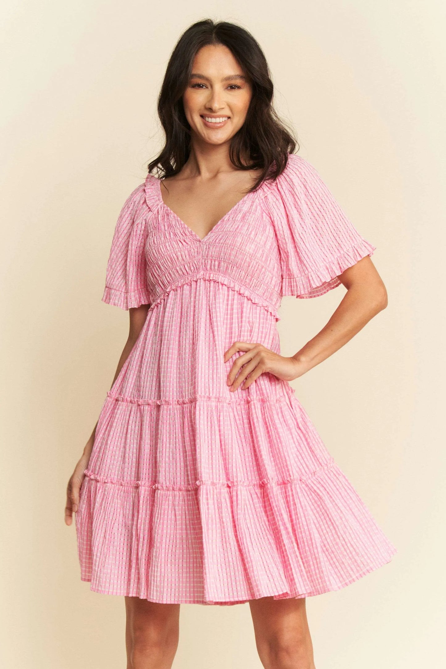 Davi & Dani Jacquard Checker Smocking Tiered Dress BARBIE PINK Mini Dresses