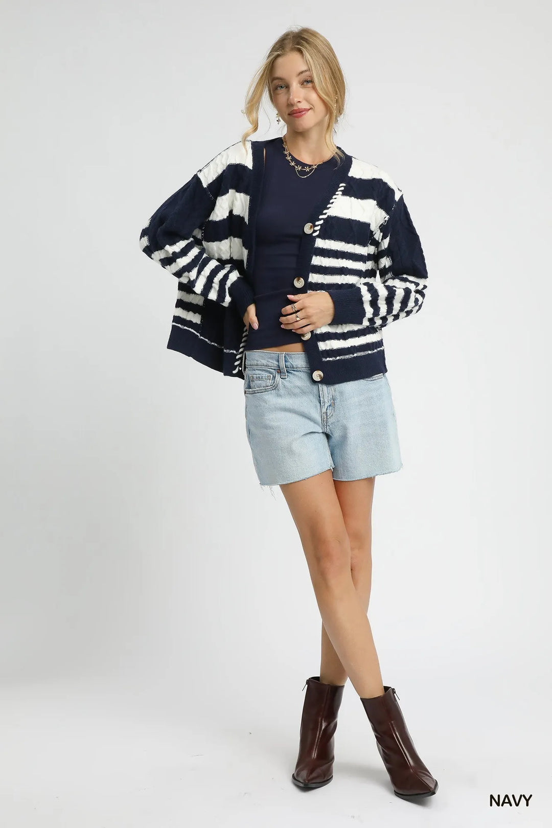 Umgee Cable-Knit Stripe Button-Up Cardigan | Cardigans Daverri Fashions