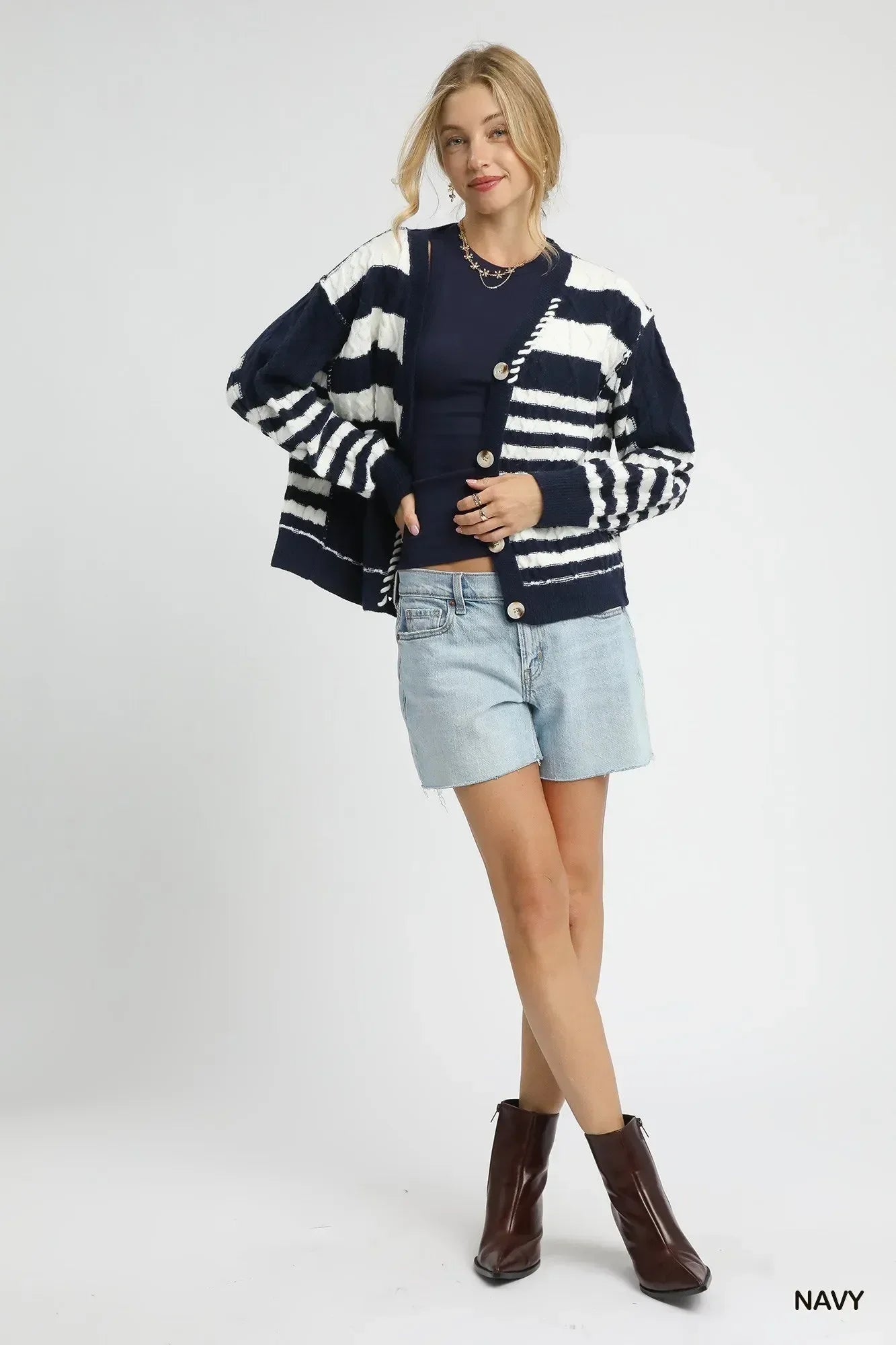 Umgee Cable-Knit Stripe Button-Up Cardigan - DAVERRI FASHIONS