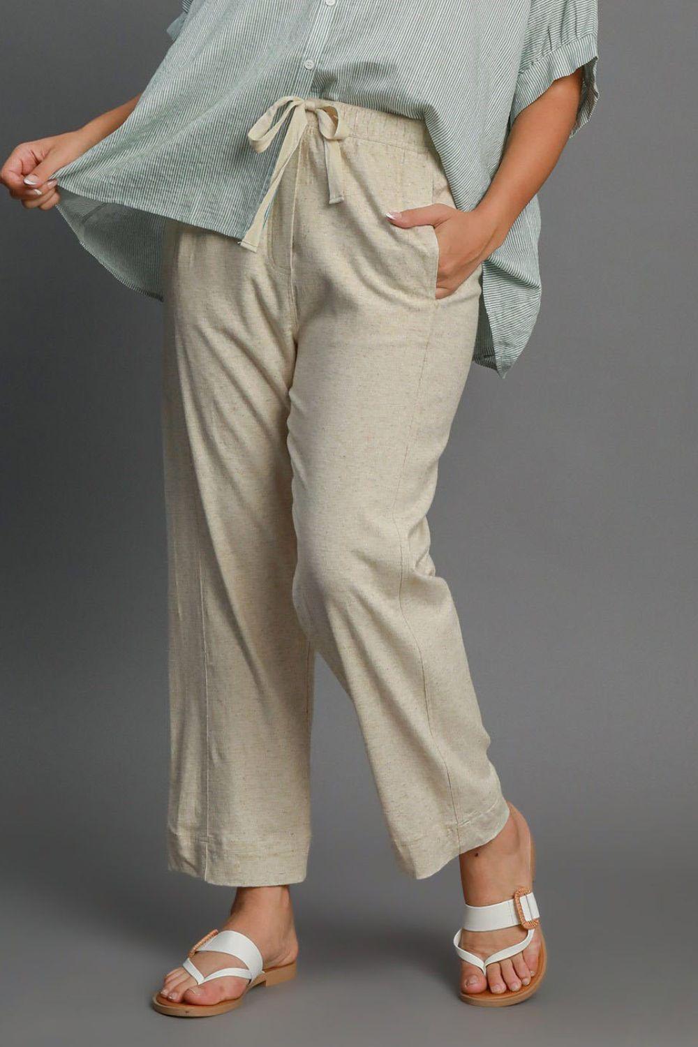 Umgee Full Size Drawstring Elastic Waistband Linen Blend Pants Plus Size Pants