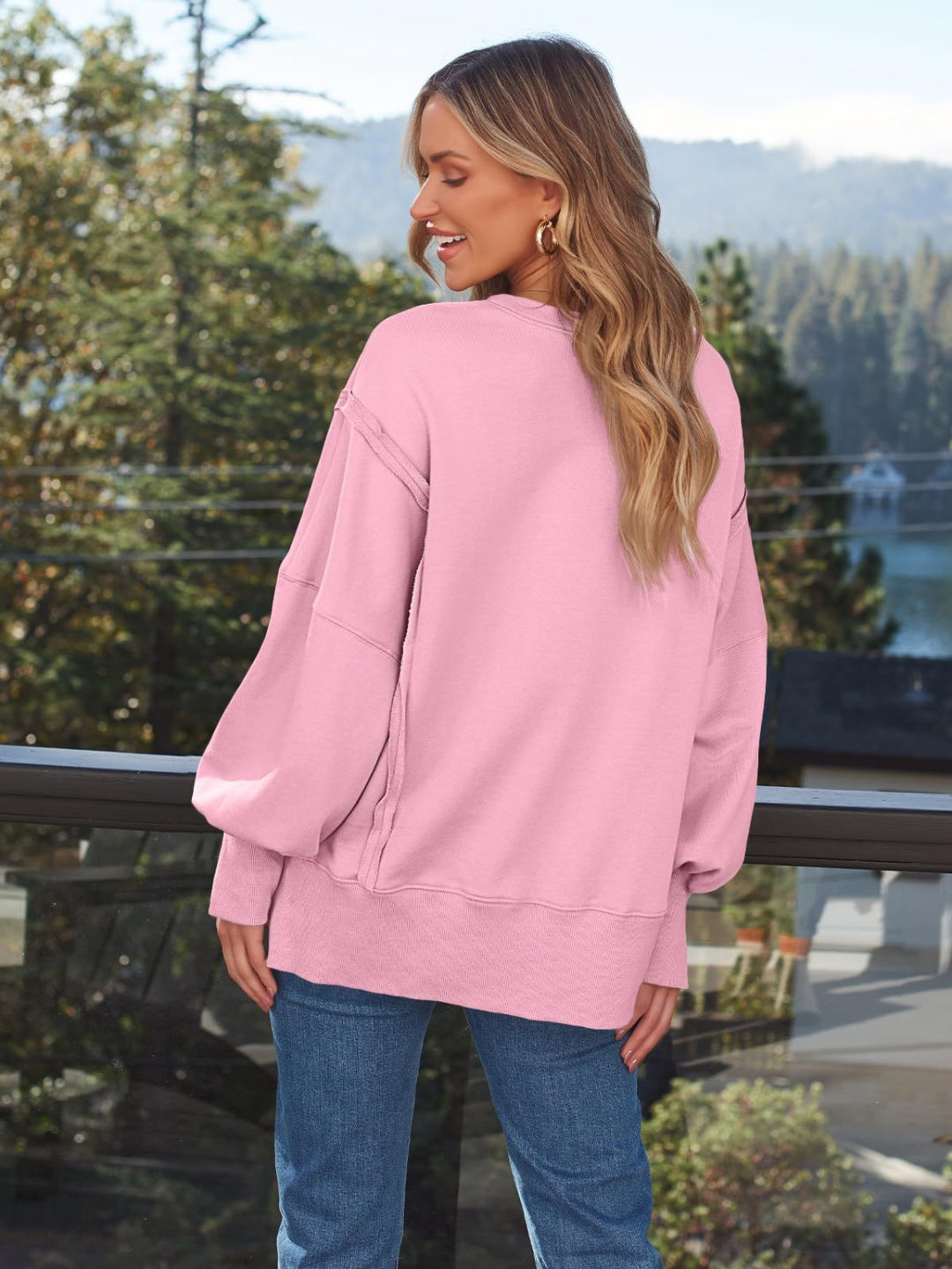 Slit Round Neck Long Sleeve Sweatshirt Tops