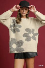 Cream Umgee Floral Jacquard Knit Sweater Cream | Sweaters Daverri Fashions