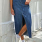 Mid-rise denim midi skirt with front slit and raw hem