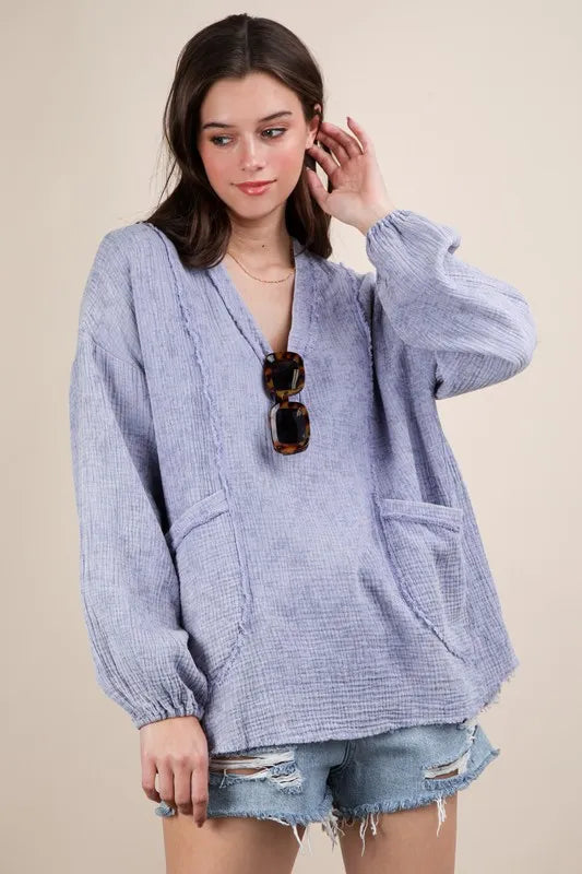 VERY J Plus Size Washed Cotton Gauze Oversized Top | Blouses Daverri Fashions