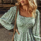 Green and white floral ruffle hem square neck long sleeve mini dress