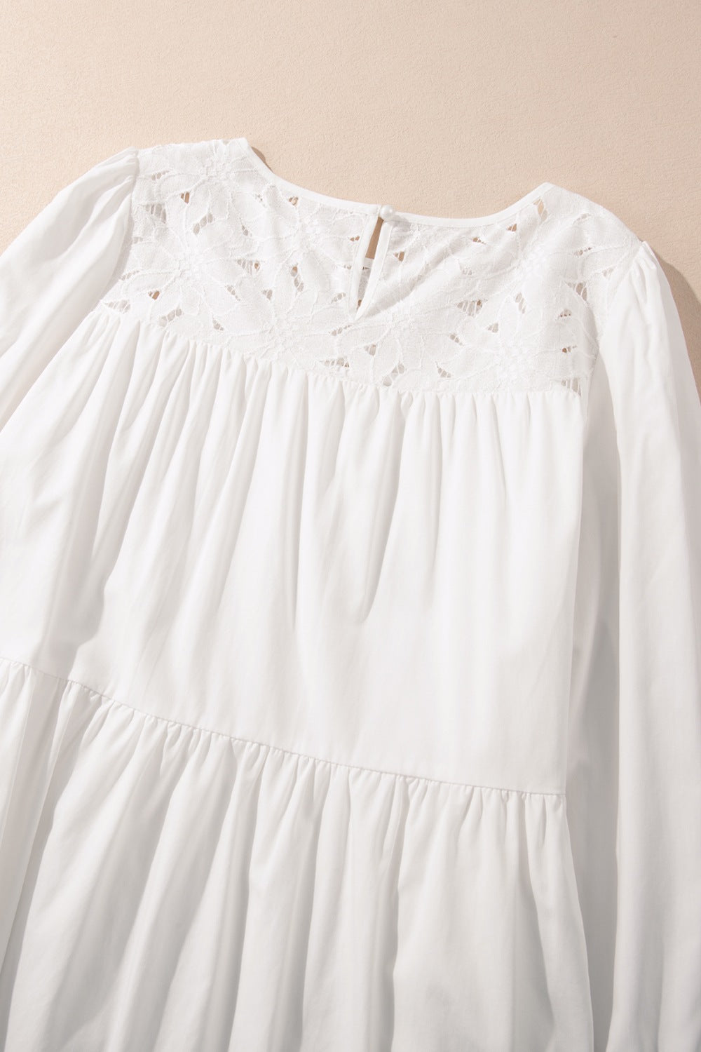 3/4 sleeve tiered mini dress with white eyelet embroidery neckline sleeves