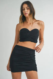 Black MABLE Ruched Tube Crop Top and Skirt Set | Outfit Sets Daverri Fashions