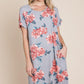 BOMBOM Floral Round Neck Short Tee Dress with Pockets Grey