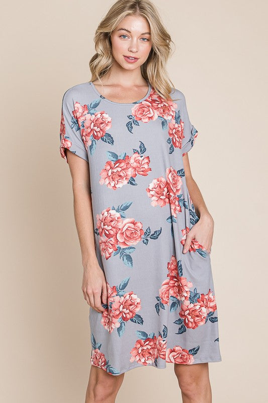 BOMBOM Floral Round Neck Short Tee Dress with Pockets Grey