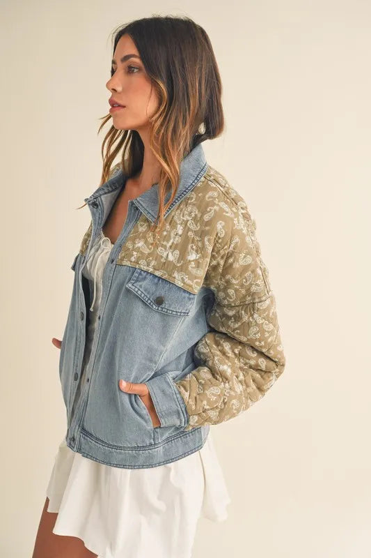 MABLE Quilted Paisley Print Contrast Denim Jacket
