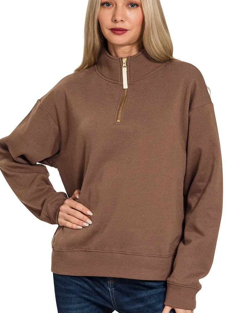 BROWN Zenana Fleece Half Zip Sweatshirt Brown | Sweatshirts Daverri Fashions