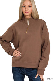 BROWN Zenana Fleece Half Zip Sweatshirt Brown | Sweatshirts Daverri Fashions