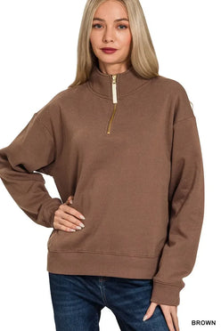 Zenana Fleece Half Zip Sweatshirt Brown - DAVERRI FASHIONS