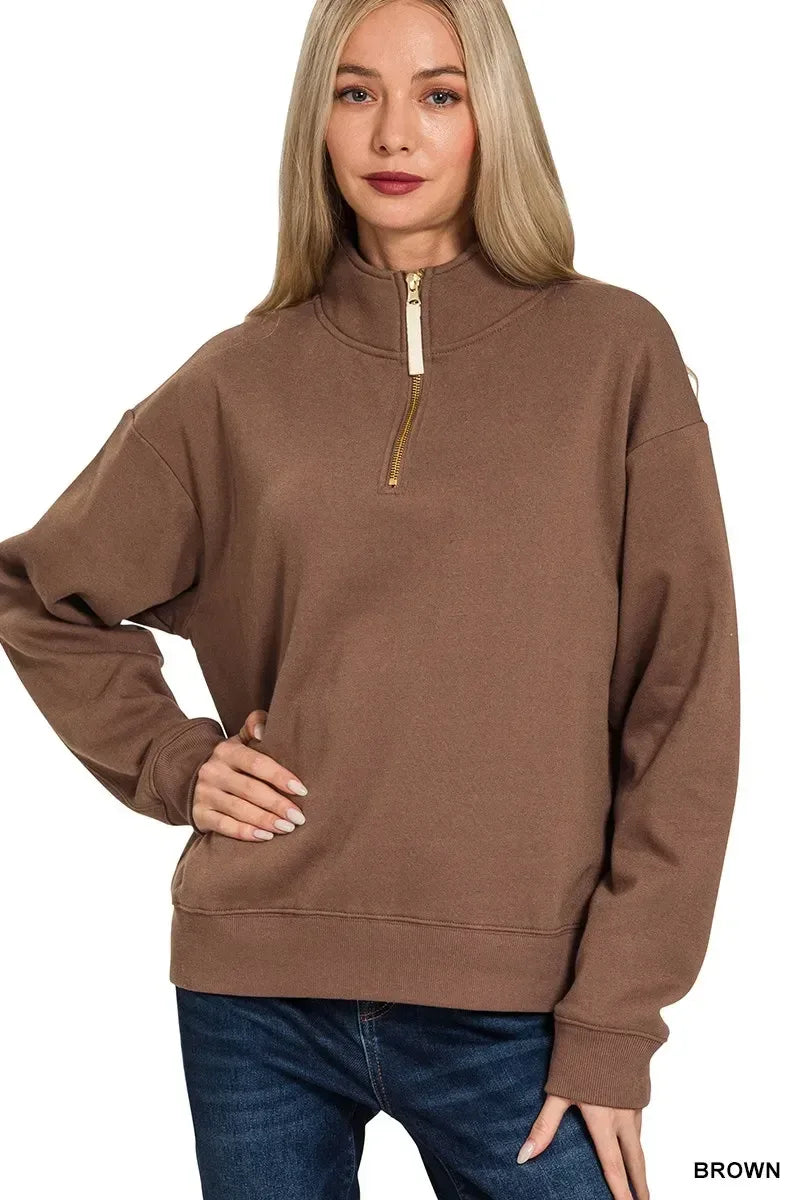 Zenana Fleece Half Zip Sweatshirt Brown - DAVERRI FASHIONS