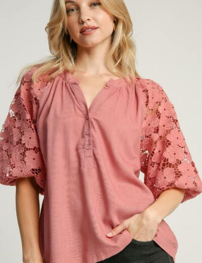 Umgee Full Size Lace Puff Sleeve Top Plus Size BLUSH Tops