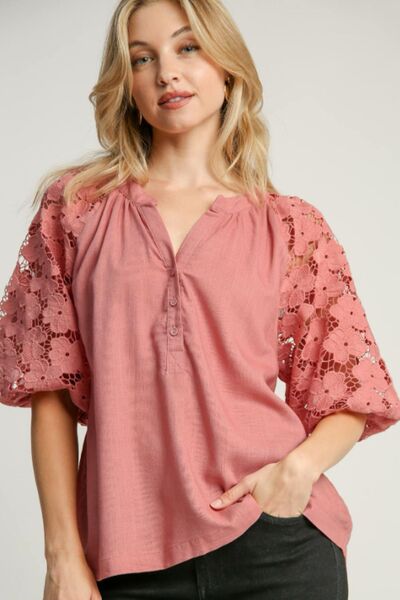 Umgee Full Size Lace Puff Sleeve Top Plus Size BLUSH Tops