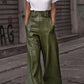 Daverri Fashions olive green patent leather high-waist wide-leg pants with belt and pockets