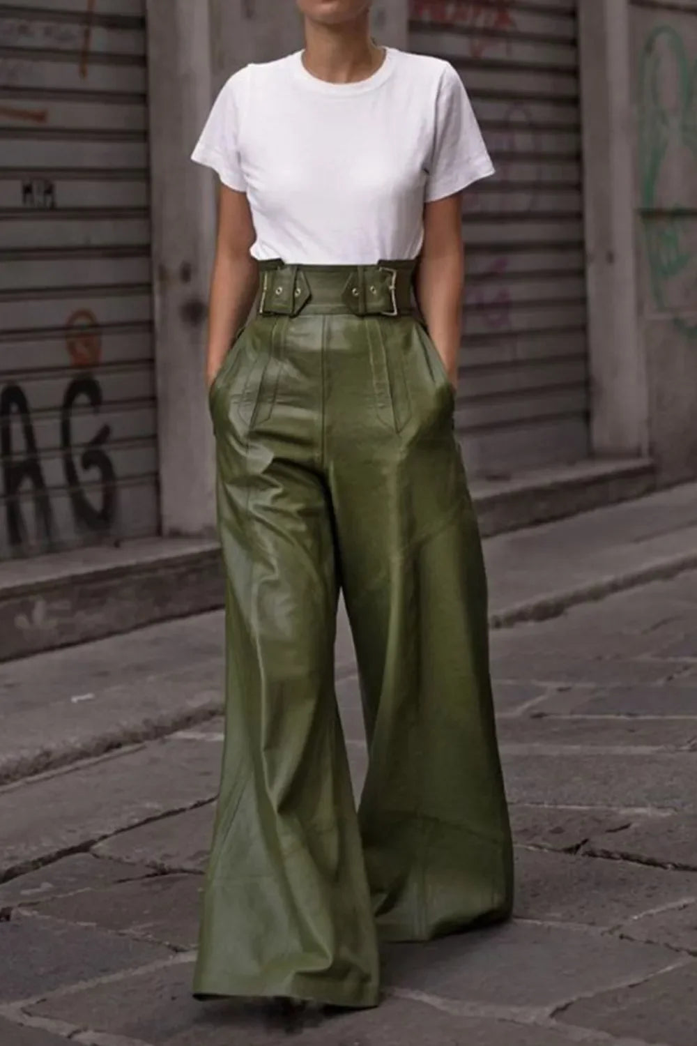 Daverri Fashions olive green patent leather high-waist wide-leg pants with belt and pockets