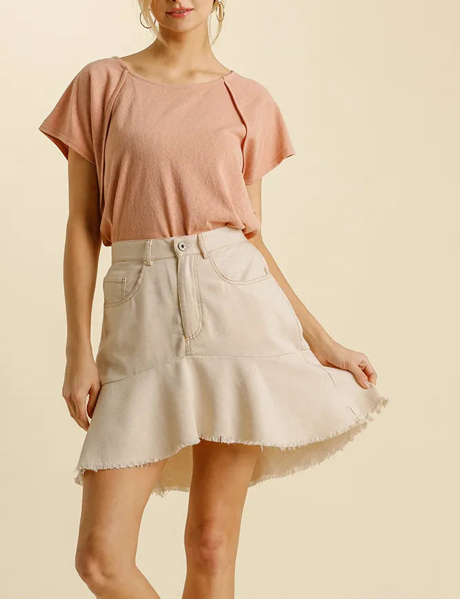 NATURAL Umgee Linen Blend 5 Pockets High Low Skirt with Frayed Hem | Daverri Fashions
