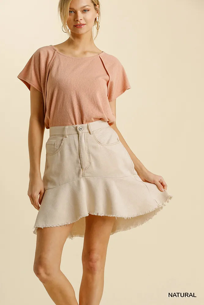 Umgee Linen Blend 5 Pockets High Low Skirt with Frayed Hem NATURAL
